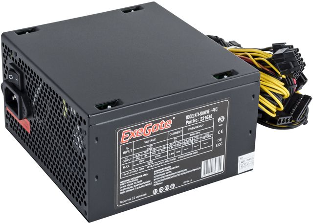 Блок питания Exegate EX221638 RUS 500 NPXE(+PFC), ATX, black, 12cm fan, 24+4pin, 6pin PCI-E, 3x SATA