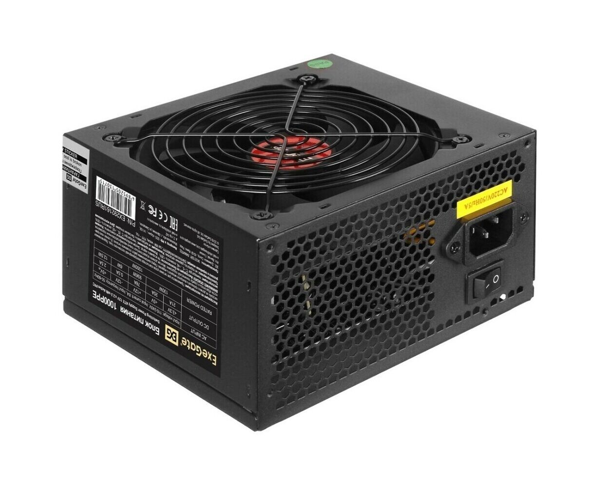 Блок питания Exe Gate 1000 PPE (EX292161 RUS-PC) 1000 W (ATX, APFC, PC, (80 Plus), 12cm fan, 24pin, black, кабель 220 V