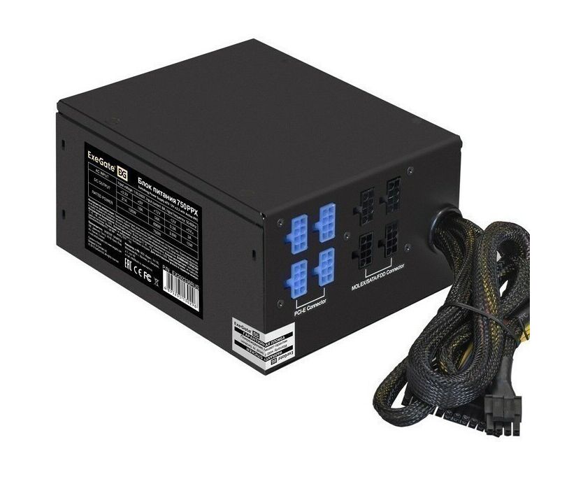Блок питания Exe Gate 750 PPX EX292336 RUS-S 750 W (ATX, APFC, SC, КПД 80 (80 Plus), 14cm fan, 24pin, 2x(4+4)pin, 6x PCI-E, 8x SATA, 4x IDE, RTL, black)