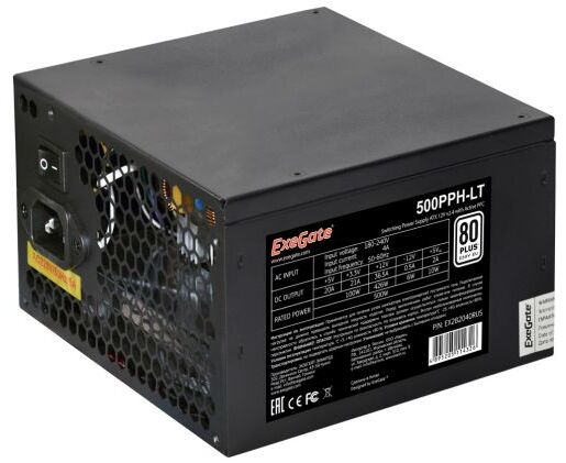 Блок питания Exe Gate 500 PPH-LT EX282040 RUS 500 W, 80+, ATX, black, APFC, 12cm, 24p, (4+4)p, 5*SATA, 3*IDE