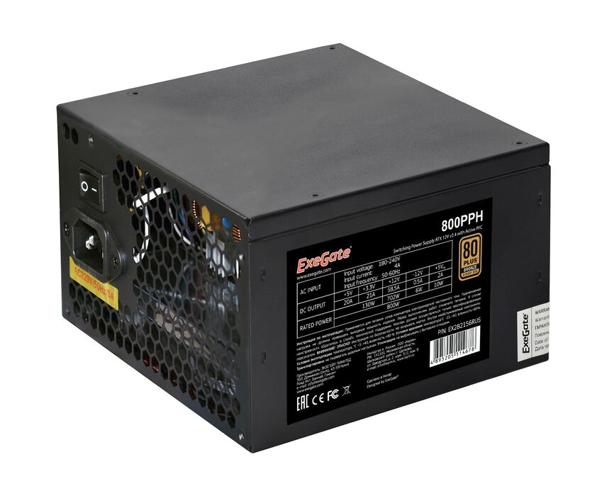 Блок питания Exe Gate 800 PPH EX282156 RUS 80 Plus Bronze 800 W (ATX, APFC, КПД 89 (80 Plus Bronze)