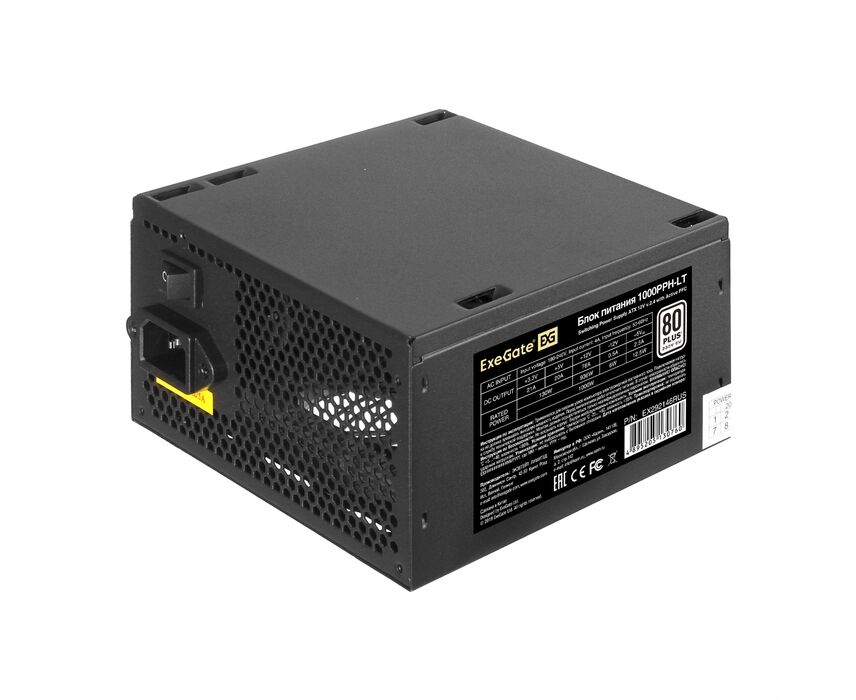 Блок питания Exe Gate 1000 PPH-LT-OEM EX292146 RUS-OEM-S 1000 W (ATX, APFC, SC, КПД 82% (80 PLUS), 12cm fan, 24pin, (4+4)pin, PC Ie, 5x SATA, 3x IDE)