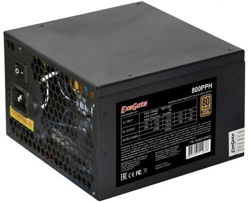 Блок питания Exe Gate 800 PPH EX282156 RUS-S 800 W (ATX, APFC, SC, КПД 89 (80 Plus Bronze), 12cm fan, 24pin, 2x(4+4)pin, 4x PCI-E, 8x SATA, 4x IDE, black)