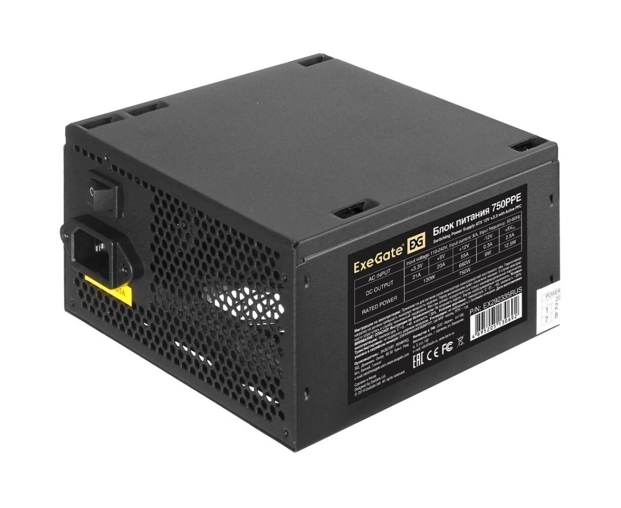 Блок питания Exe Gate 750 PPE EX292335 RUS-S 750 W (ATX, APFC, SC, (80 Plus ), 12cm fan, 24pin, 2x(4+4)pin, 4x PCI-E, 6x SATA, 3x IDE, black)