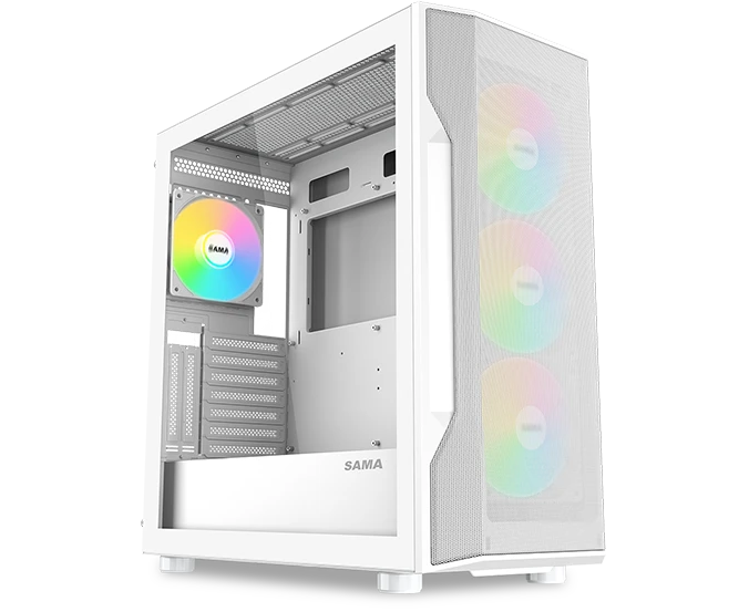 Корпус SAMA S40 White (S40-WHAPA4 X1-GL) белый без БП, Midi-Tower, TG, 4x120mm ARGB, 2x USB 3.0 + 1x USB 3.1 Type-C, ATX, m ITX