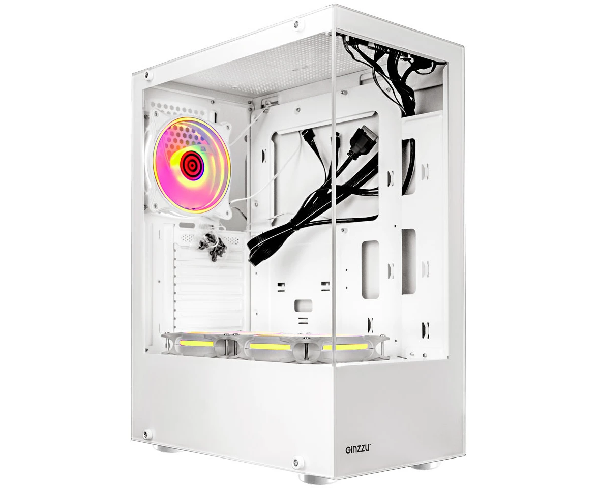 Корпус Ginzzu CL310 ATX Fan 3*12 LD4 FRGB передняя панель cтекло белый