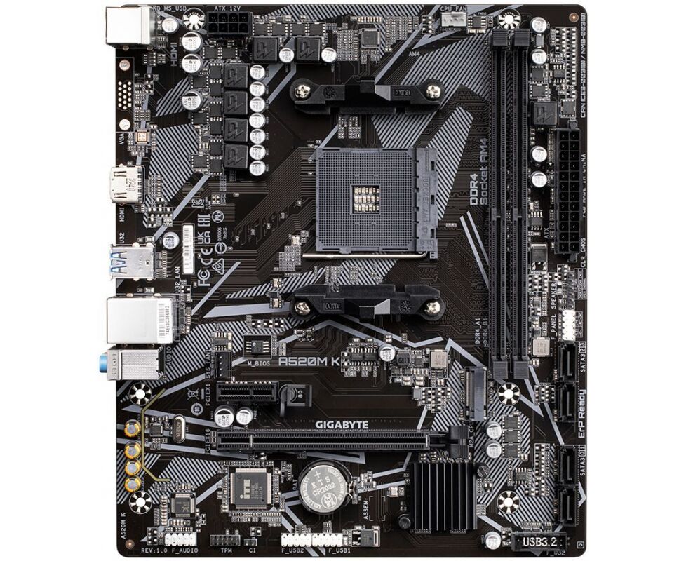 MB s AM4 Gigabyte A520 M K V2, Socket AM4, AMD A520, 2x DDR4-3200, D-SUB+HDMI, 1x PCI-Ex16, 1x PCI-Ex1, 4x SATA3(RAID 0/1/10), 1x M.2, 8 Ch Audio, G Lan, (2+4)x USB2.0, (4+2)x U