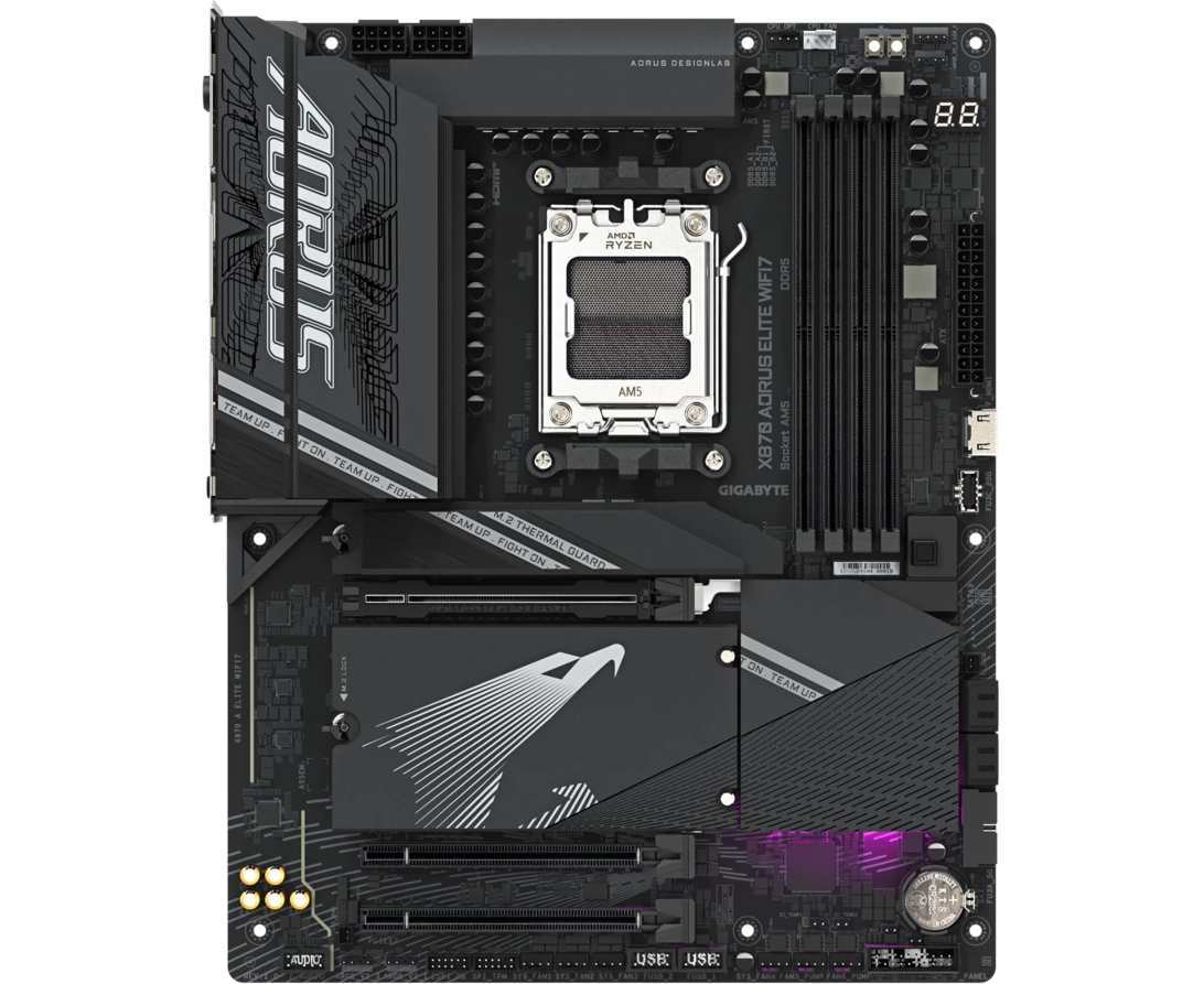 MB s AM5 Gigabyte X870 Aorus Elite Wifi7, AMD X870, 4x DDR5-5200 МГц, 3x PCI-Ex16, 4x M.2, Standard-ATX