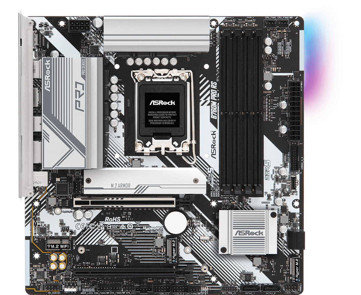 MB s1700 AS Rock B760 M Pro RS Intel B760, 4x DDR5-4800 МГц, 2x PCI-Ex16, 3x M.2, Micro-ATX