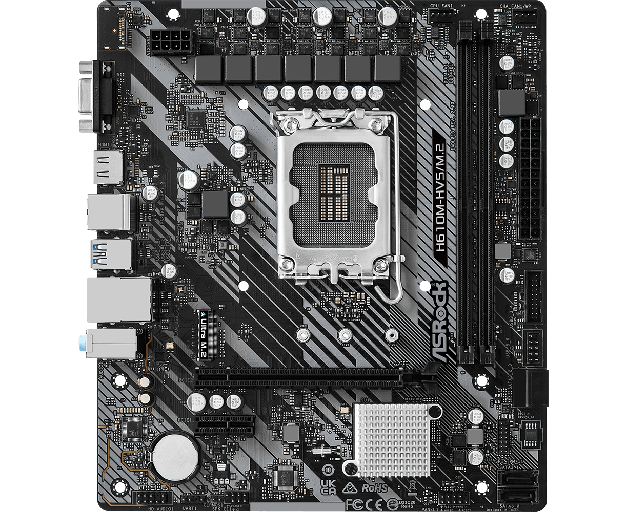 MB s1700 AS Rock H610 M-HVS/M.2 R2.0 Intel H610, 2x DDR4-3200 МГц, 1x PCI-Ex16, 1x M.2, Micro-ATX
