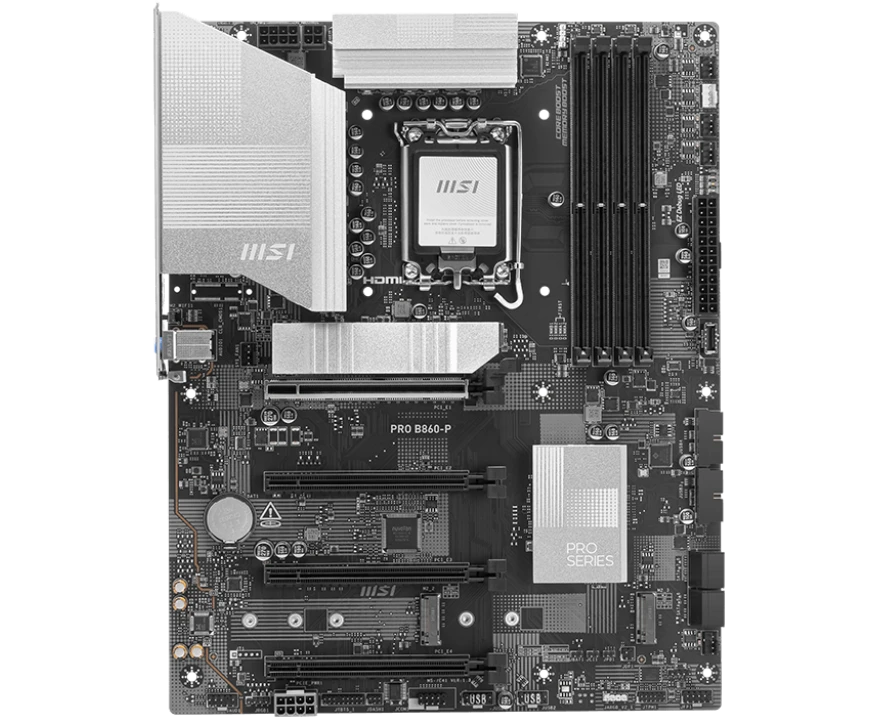 Материнская плата MSI Pro B860-P B860, LGA1851, 4*DDR5, 4*PCI Ex16, 3*M.2, 1*Type C, 2*USB3.2 Gen2, 6*USB3.2 Gen1, 8*USB2.0, 4*SATA3.0, 5 G, Type-C DP, DP,
