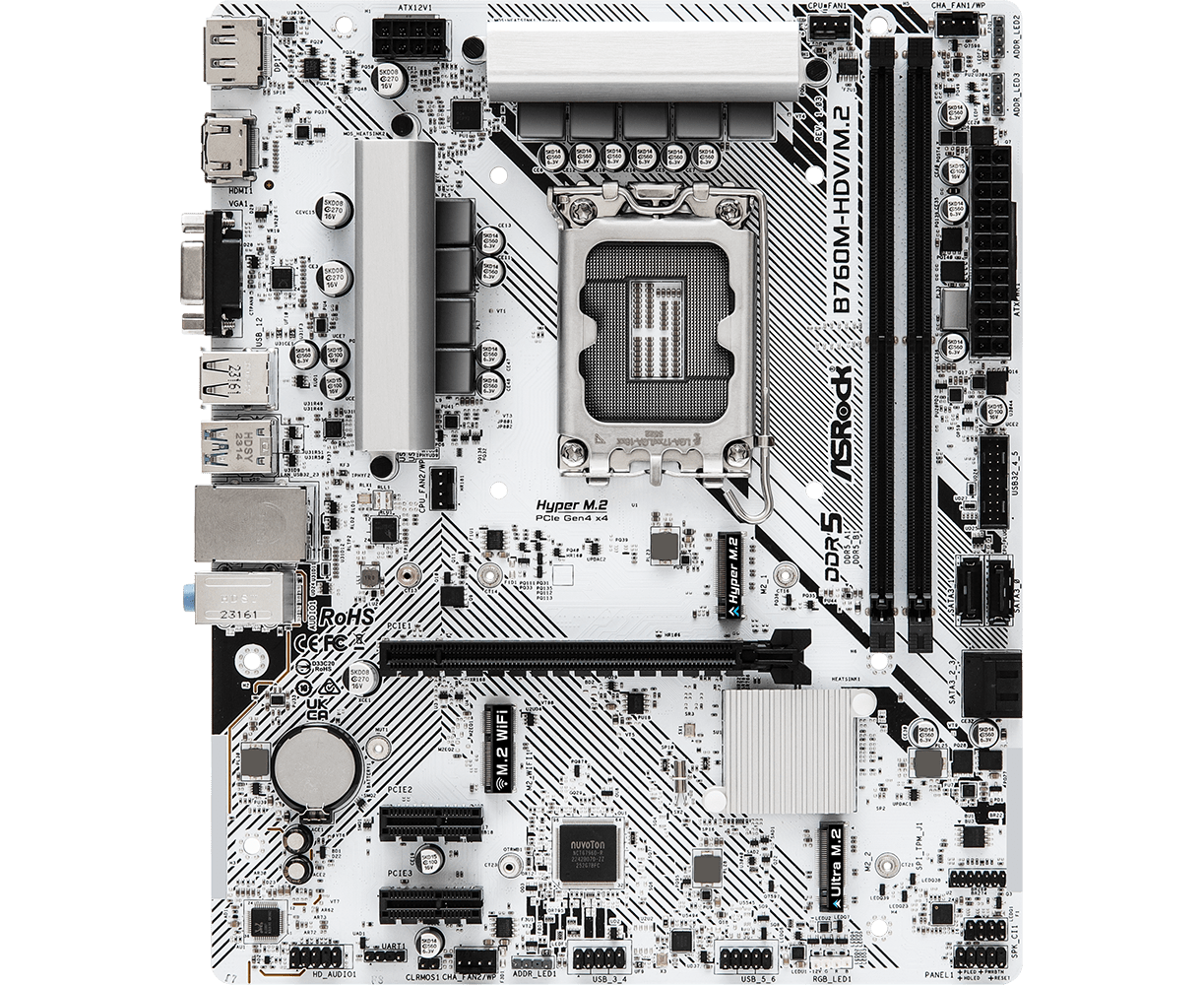 MB s1700 AS Rock B760 M-HDV/M.2, Intel®B760, 2x DDR5-4800, D-SUB+HDMI+DP, 1x PCI-Ex16, 2x PCI-Ex1, 4x SATA3(RAID 0/1/5/10), 2x M.2, 8 Ch Audio, 1x2.5 G Lan, (2+4)x USB2.0, (3+2)x USB3.2, (1+0)x USB...
