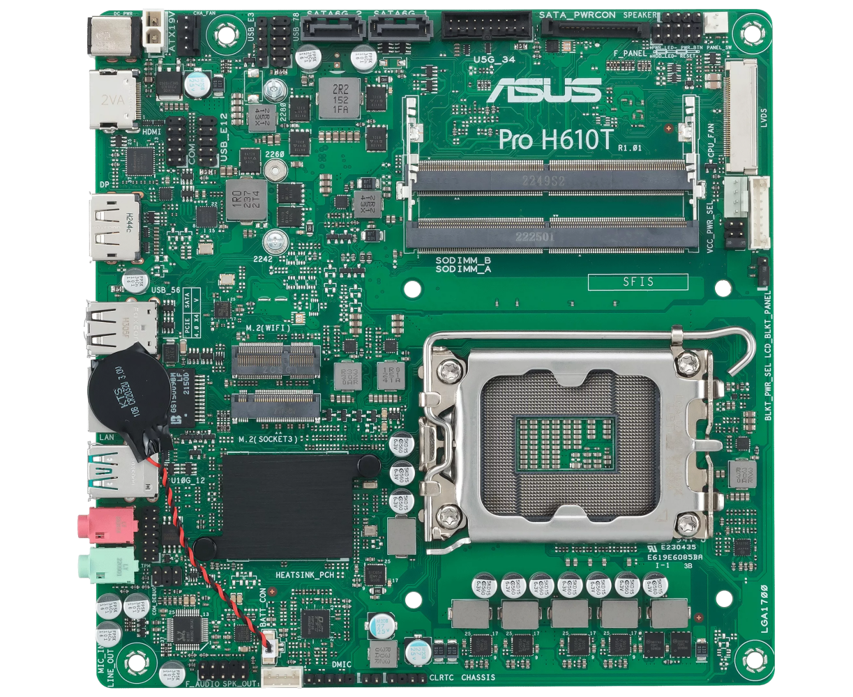 Материнская плата ASUS Pro H610 T-CSM (90 MB1 G60-M0 EAYC), LGA1700, H610, 2*DDR5, DP+HDMI, 2 SATA 6.0, M.2, USB 3.2, USB 2.0, m ITX