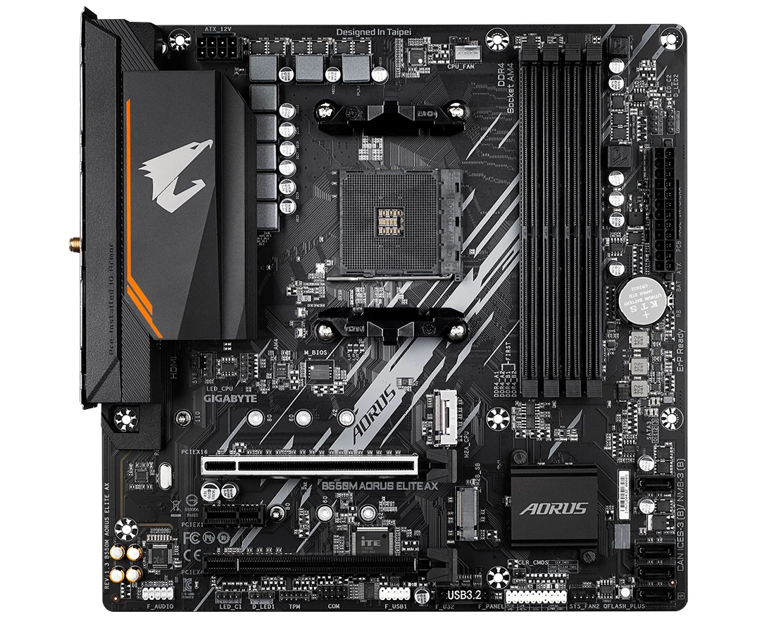 MB s AM4 Gigabyte B550 M Aorus Elite AX, RTL, AMD B550, DDR4, PCI-E x16 и PCI-E x1