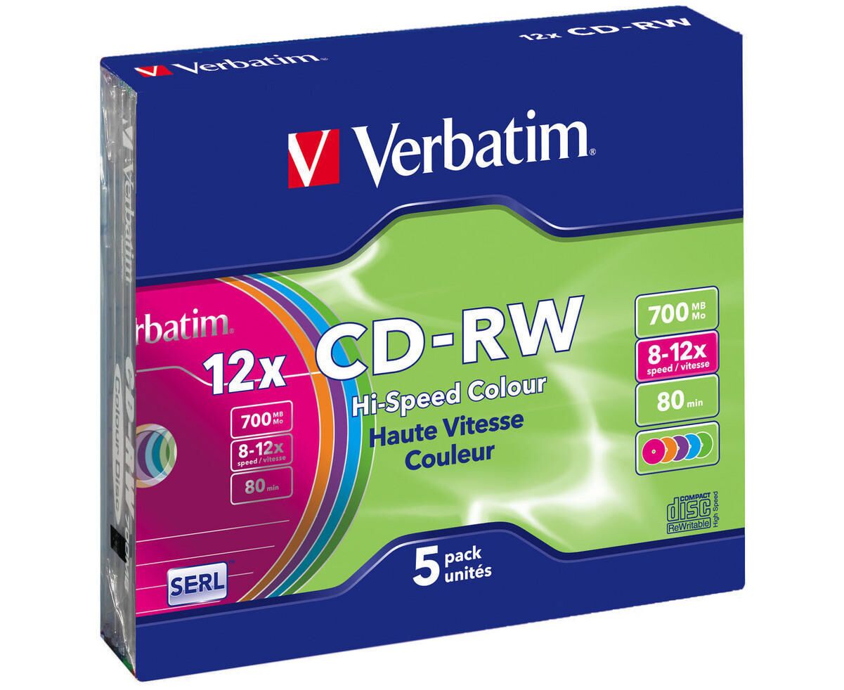 Диск CD-RW Verbatim 700 Mb 12x Slim case (5шт) Color (43167)