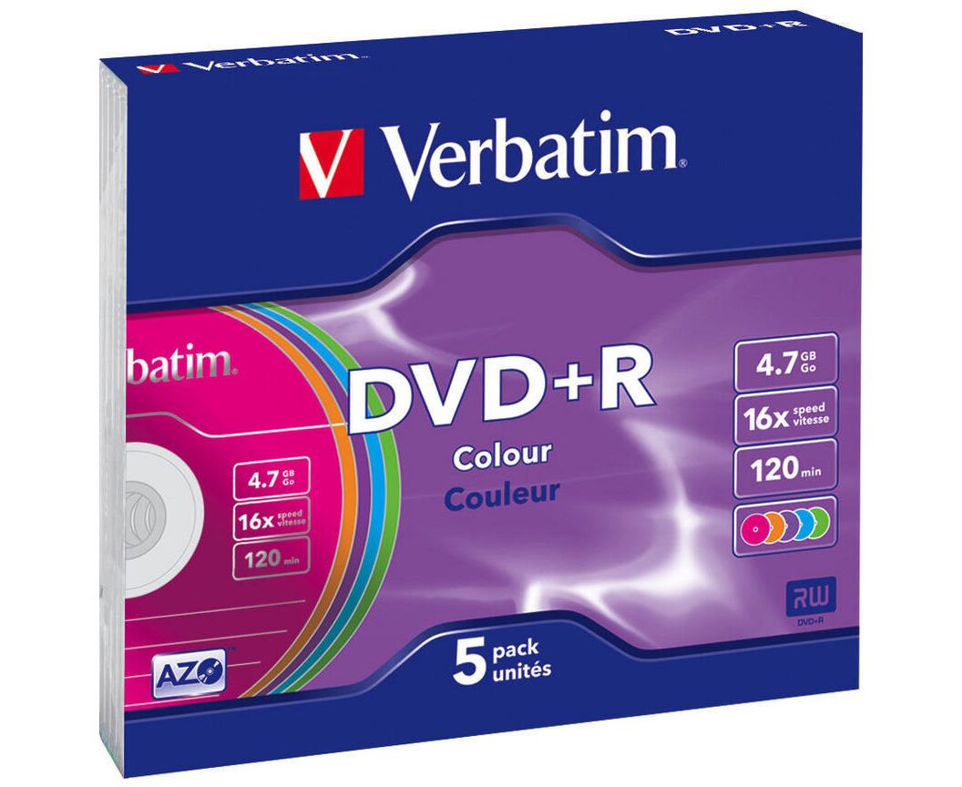 Диск DVD+R Verbatim 4.7 Gb 16x Color Slim (5шт) 43556