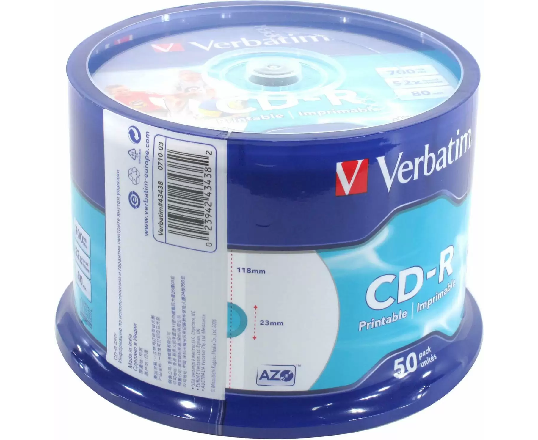 Диск CD-R Verbatim (43438) 700 Mb, 52x, Cake Box (50), DL+, Full Ink Printable (50/200)