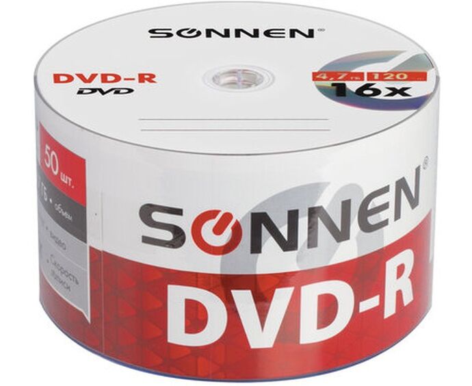 Диск DVD-R SONNEN 512574, 4,7 Gb 16x Bulk (термоусадка без шпиля) 50шт