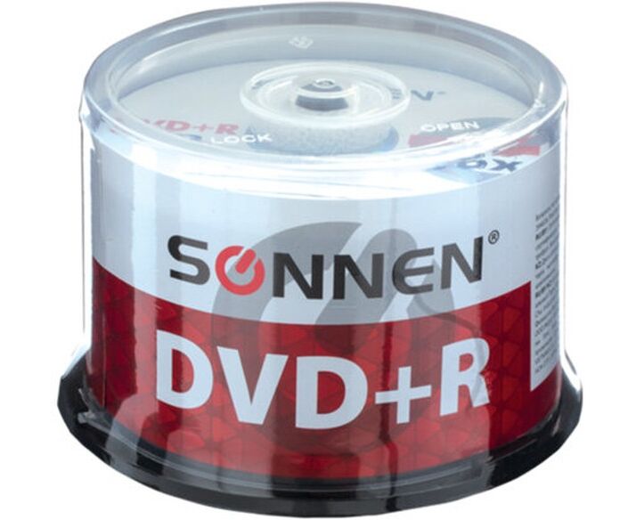 Диск DVD+R SONNEN 512577, 4,7 Gb, 16x, Cake Box (упаковка на шпиле) 50шт