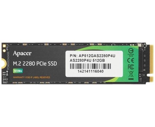 SSD Apacer AS2280 P4 U (AP512 GAS2280 P4 U-1) 512 Gb M.2 PC Ie Gen3x4, R3500/W2300 Mb/s, MTBF 1.8 M, 3 D NAND, NV Me, Retail