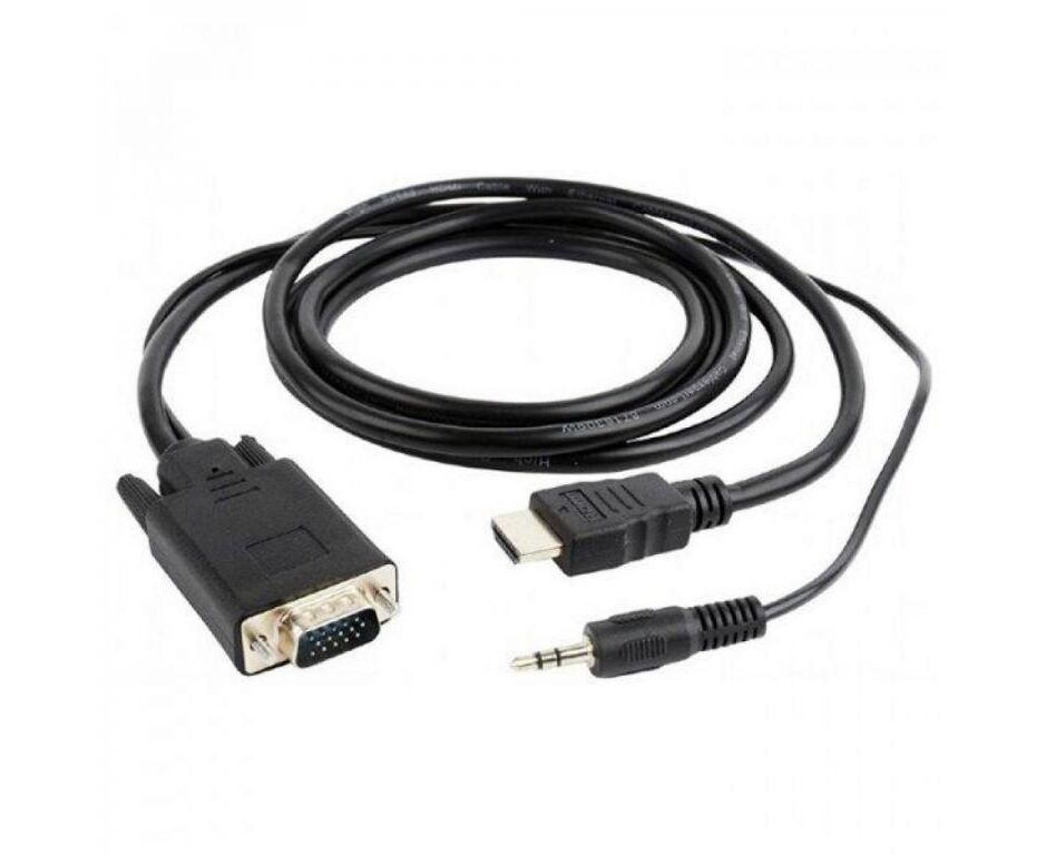 Конвертер HDMI-1.4a (папа) - D-SUB/VGA (папа) + Audio stereo (mini-jack 3.5 mm), встр. кабель 1,8 м, чёрный, позол. разъёмы, Cablexpert A-HDMI-VGA-03-6