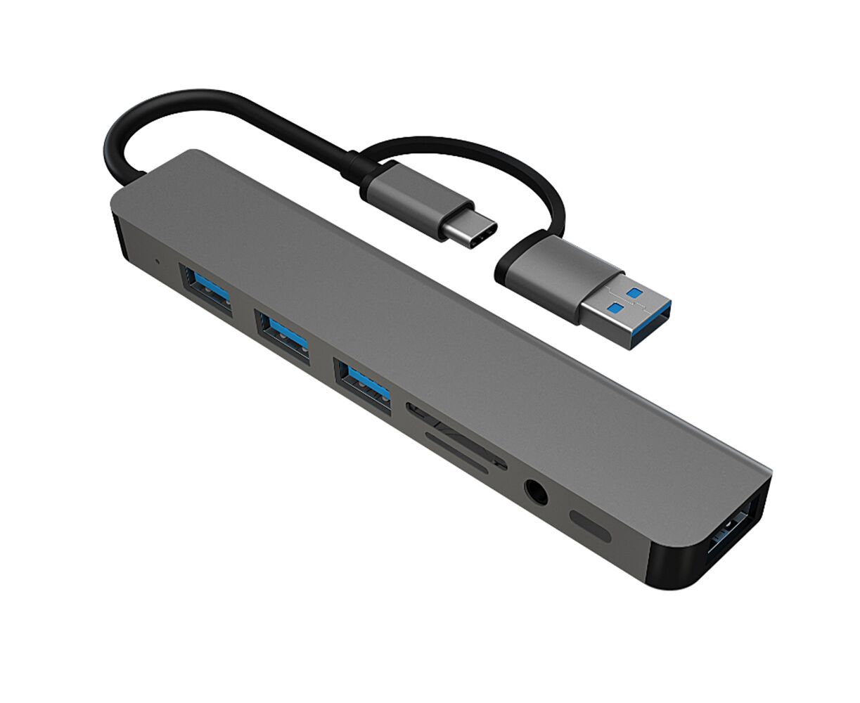 Мульти Хаб PERO MH07, USB-С/USB-A TO SD + TF + AUX 3.5 MM + USB-C + USB 3.0 + 3x USB 2.0, серый