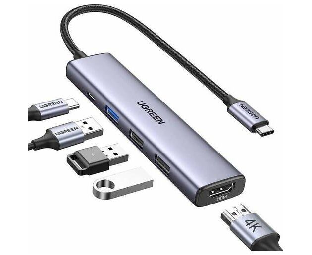 Конвертер UGREEN CM478 15495 USB-C To HDMI+1x USB3.0 A+2x USB2.0 A+PD Power Converter Silver