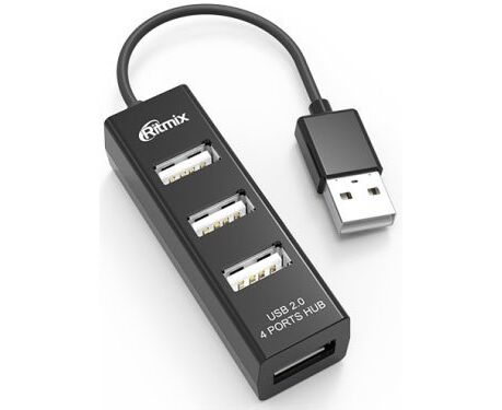 USB-HUB RITMIX CR-2402 black настольный, кабель, на 4 порта USB, High speed USB 2.0, Plug-n-Play, питание от USB, 5 В, скорость до 480 Мбит/с