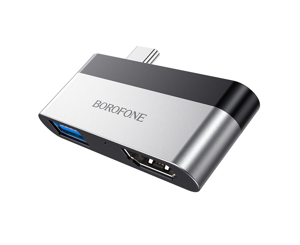 USB-концентратор Borofone DH2, алюминий, Type-C на HDMI, USB 3.0, цвет: серый(1/18/180)