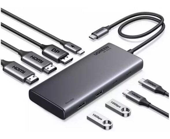 Конвертер UGREEN CM639 (35625) 8-in-1 4 K 60 Hz USB-C to 2*USB-A 3.2+2*USB-C 3.2+2*HDMI+DP+PD Converter Gray
