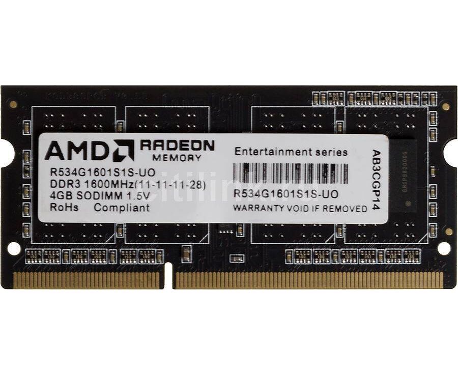 ОЗУ AMD SO-DIMM DDR3 4 Gb 1600 M Hz R534 G1601 S1 S-UO OEM PC3-12800 CL11 204-pin 1.5 В