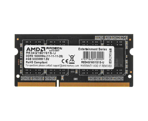 ОЗУ AMD Radeon R5 Entertainment Series Black R534 G1601 S1 S-U 4 GB DDR3 1600 SO DIMM Non-ECC, CL11, 1.5 V, Retail