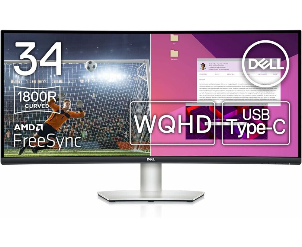 Монитор Dell S3423 DWC (210-BEJE) серебристый/черный 34" VA LED 5ms 21:9 HDMI M/M матовая HAS 300cd 178гр/178гр 3440x1440 100 Hz Free Sync DP WQ USB