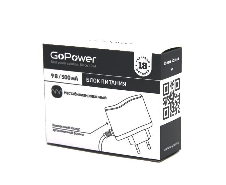 Блок питания Go Power 500m A 9 V 5,5x2,1/12мм нестабилизированный отрицательная полярность (1/100)