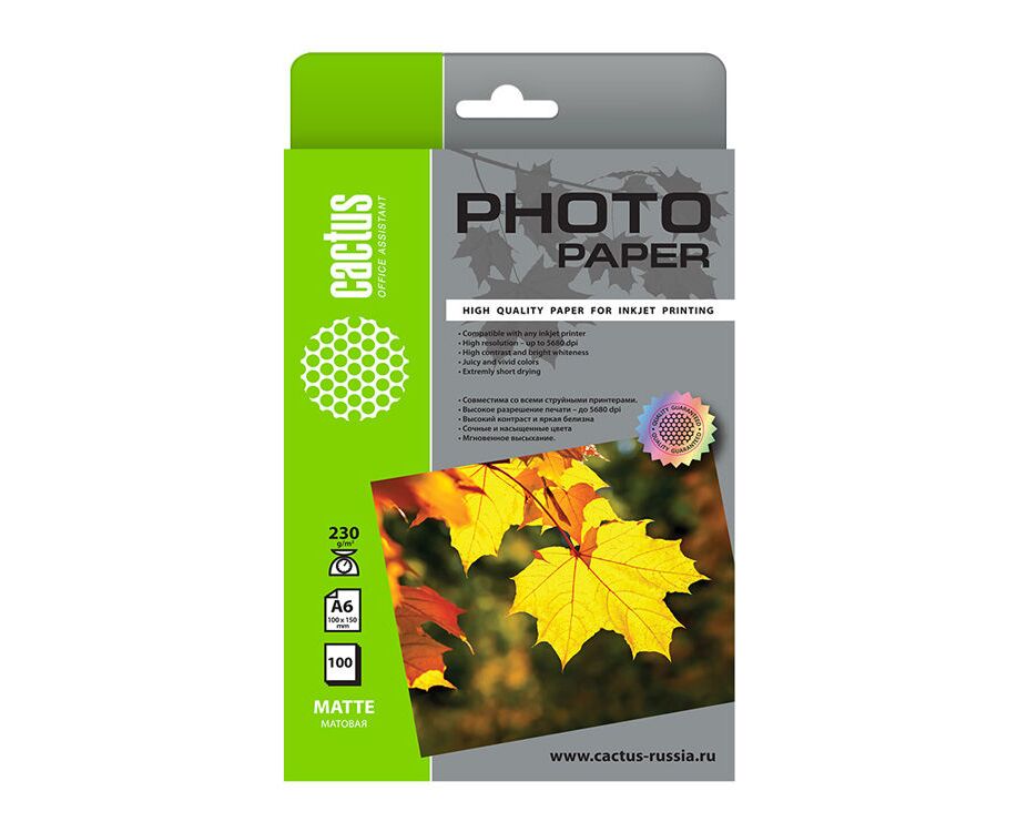 Фотобумага Cactus CS-MA6230100 10x15/230г/м 2/100л/белый матовое для струйной печати
