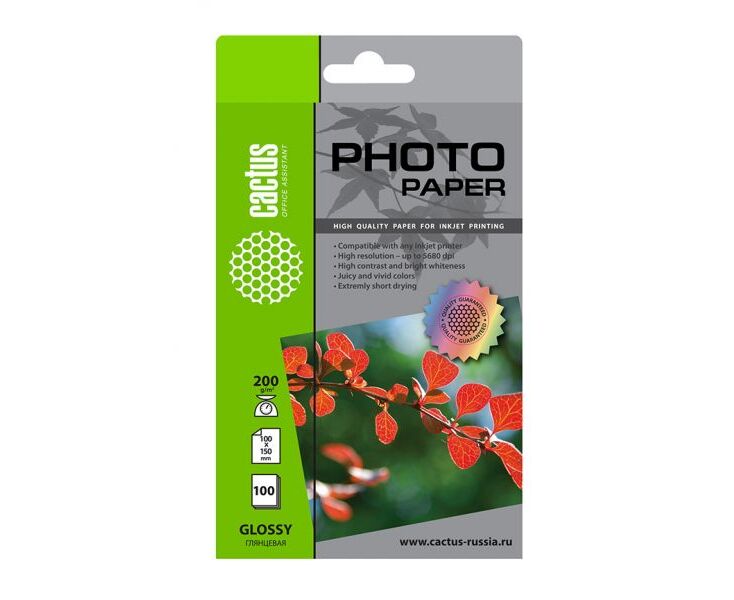 Фотобумага Cactus CS-GA6200100 10x15/200г/м 2/100л/белый глянцевое для струйной печати