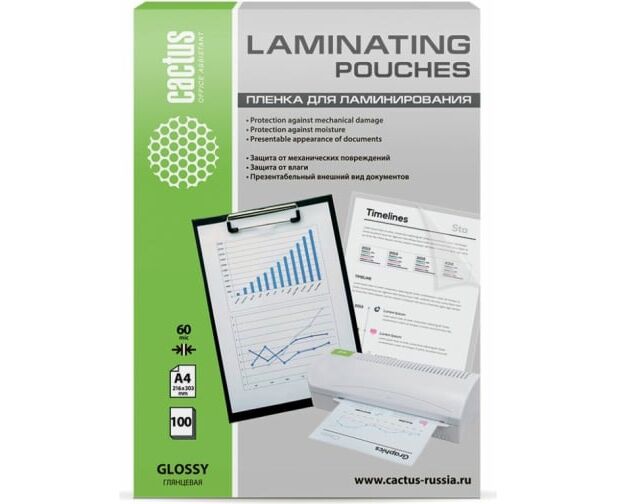 Пленка для ламинирования Cactus CS-LPGA460100 216x303мм 60мкм A4 100шт глянцевая