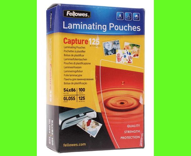 Пленки для ламинирования Fellowes®, 54x86 мм, глянцевая, 125 мкм, 100 шт, трехслойная структура: ПВХ + ПЭТ + ЭВА