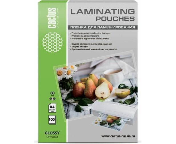 Пленка для ламинирования Cactus CS-LPGA480100 80мкм A4 100шт глянцевая 216x303мм