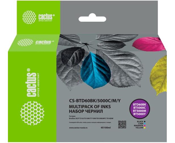 Чернила Cactus CS-BTD60 BK/5000 M/C/Y голубой/пурпурный/желтый/черный набор 4x100мл для Brother DCP-T300/T500 W/T700 W/MFC-T800 W