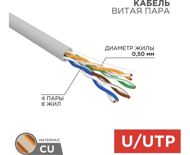 Кабель витая пара Rexant 01-0043-R U/UT P, CAT 5e, PVC, 4 PR, 24 AWG, INDOOR, SOLID, серый, 305м