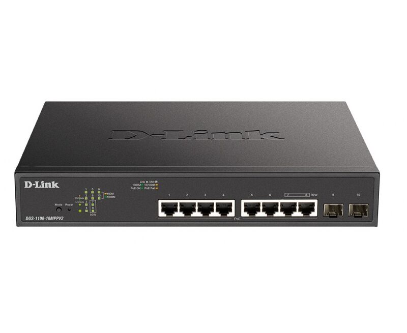 Коммутатор D-Link DGS-1100-10 MPPV2/A3 A, with 8 ports 10/100/1000 Base-T and 2 ports 1000 Base-X SFP (6 Po E ports 802.3af/802.3at (30 W)