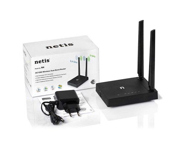 Netis N4 черный,2.4 / 5 ГГц, одновременная работа в двух диапазонах, LAN-портов: 2, скорость портов: 100 Мбит/с, стандарт 802.11 b, a, g, n, ac, макс. скорость беспроводного соединения: 1167 Мбит/с
