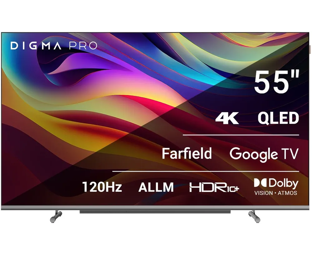 55" Телевизор Digma Pro QLED 55 L черный QLED 3840x2160, 4 K Ultra HD, 120 Гц, Wi-Fi, Smart TV, Google TV