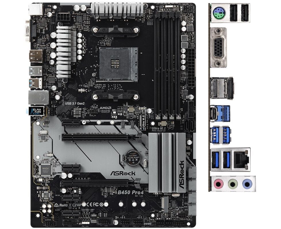 MB s AM4 AS Rock B450 PRO4 R2.0, AMD B450, 4x DDR4-2667, D-SUB+HDMI+DP, 2x PCI-Ex16, 4x PCI-Ex1, 6x SATA3(RAID 0/1/10), 2x M.2, 8 Ch Audio, G Lan, (2+4)x USB2.0, (5+2)x USB3.2, 1x USB3.2 Type-C™, 1...