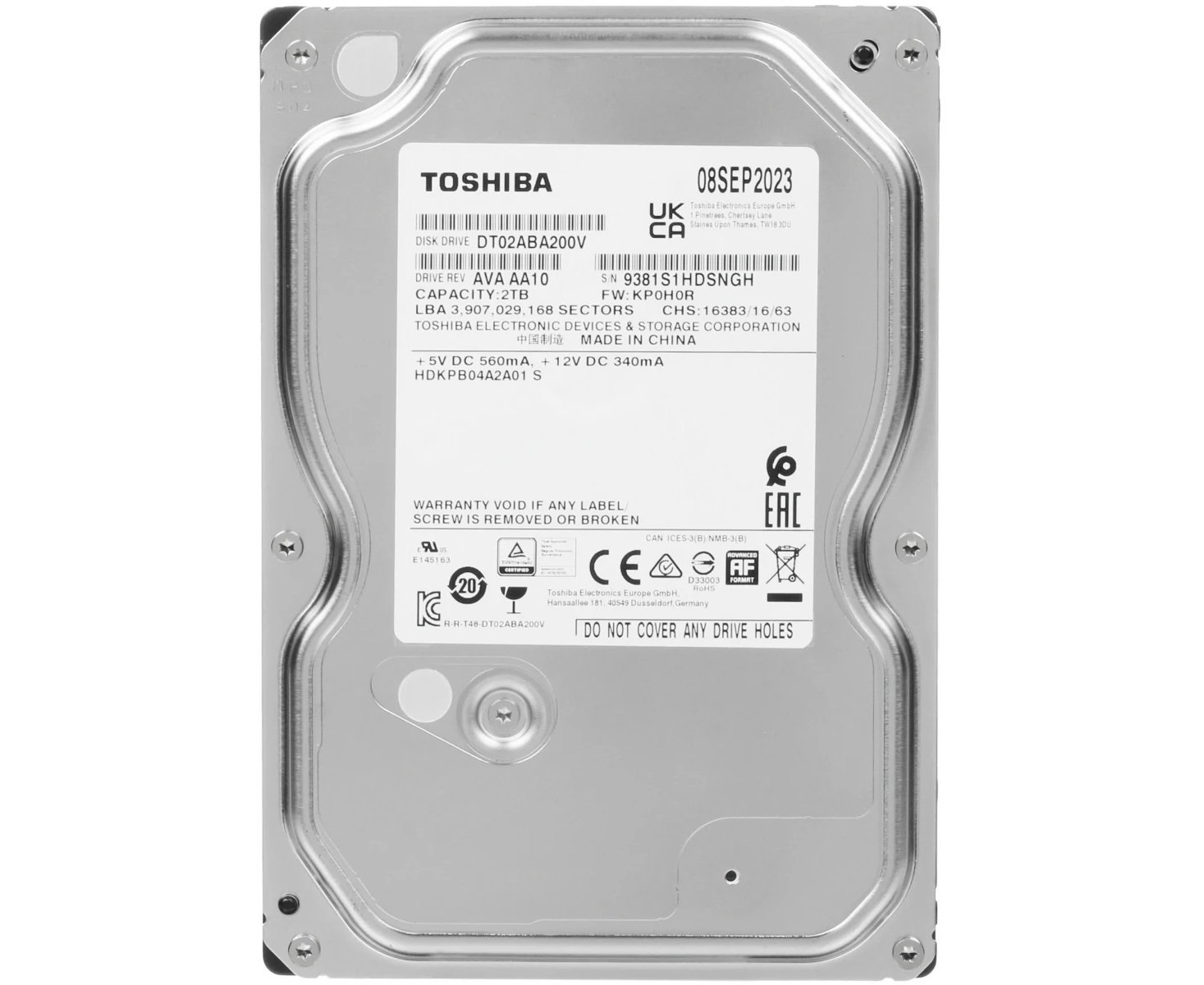 HDD Toshiba Surveillance DT02 ABA200 V 3.5" SATA 2 Tb, 5400rpm, 128 MB buffer, 512e, SMR, 1 year