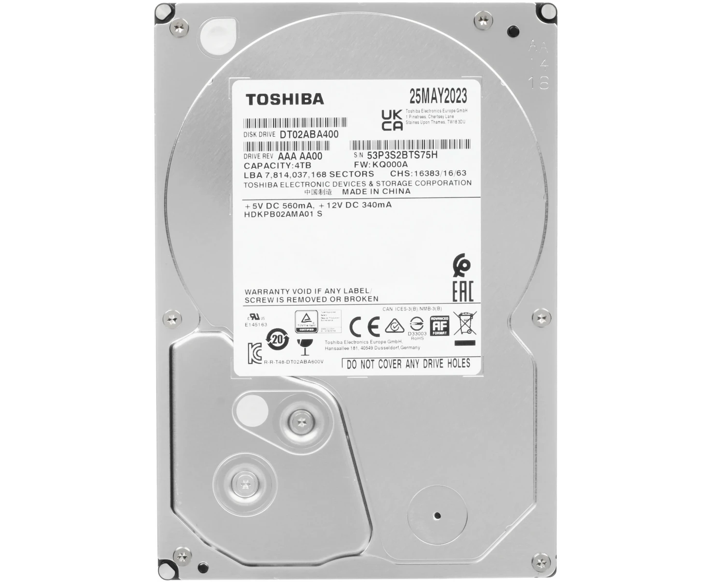 HDD Toshiba DT02 ABA400 3.5" SATA 4 Tb, 5400rpm, 128 MB buffer, 512e, SMR, 1 year