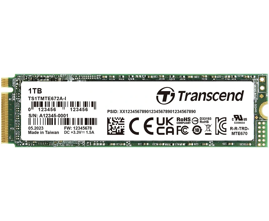 SSD Transcend MTE672 AI 1 Тб (TS1 TMTE672 AI-VS1), M.2 2280, PC Ie Gen3x4, NV Me, 3 D TLC Bi CS5, DRAM-less, темп. режим от -40 С до +85 С
