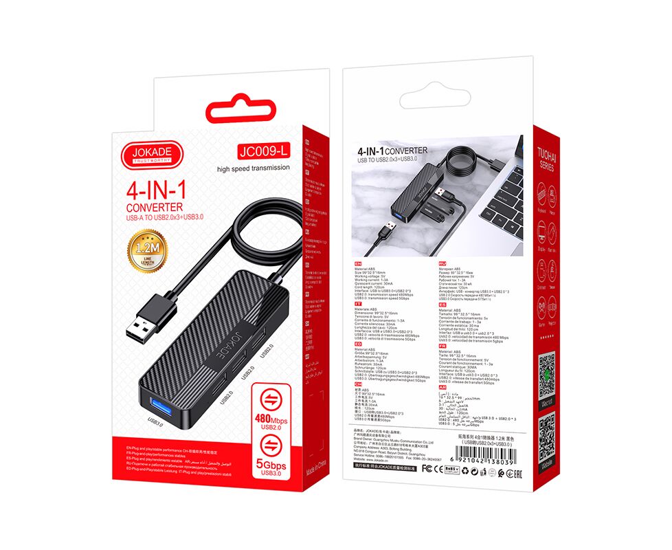 USB HUB Jokade JC009-L 4 in 1 на 3 USB 2.0 + 1 USB 3.0 black