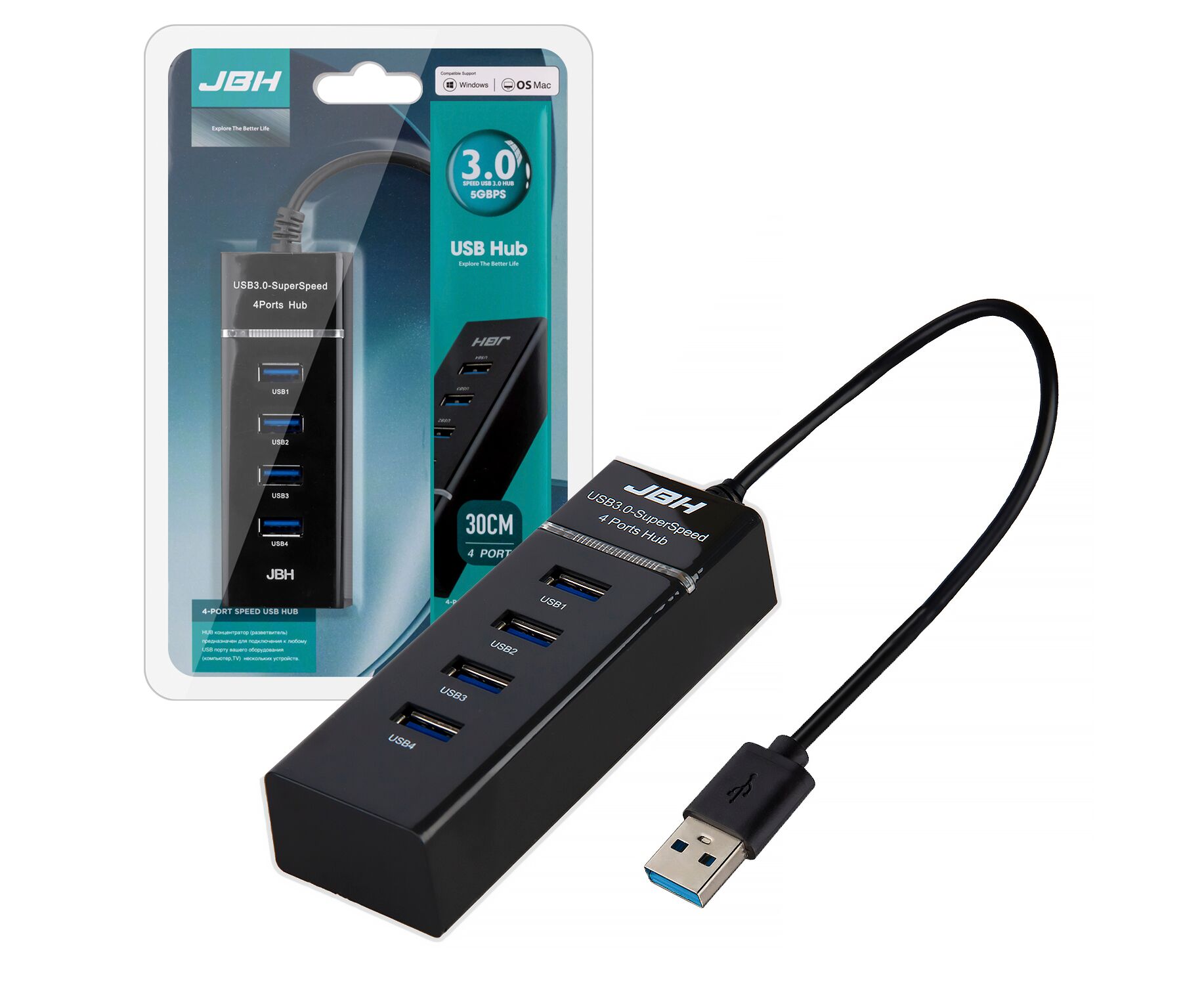 USB HUB ISA H-02 USB 2.0 x 4 разъема 30см (Black)